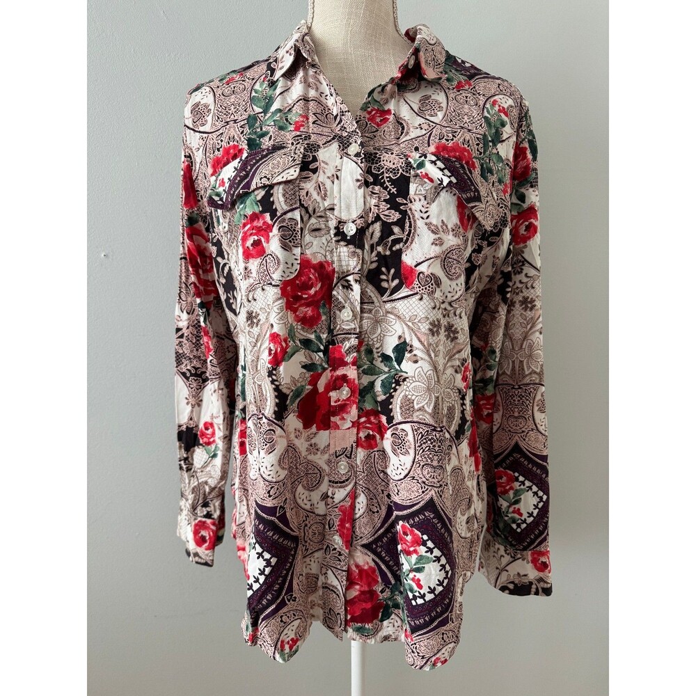 Chico's Multicolor Floral Paisley Button Up Blouse Modal Blend Size 1 (8/10)